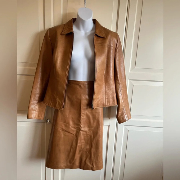 Vintage 1980's Leather Skirt and Jacket Set  Size 12 Jacket Sz 10 Skirt. Camel - Picture 7 of 17